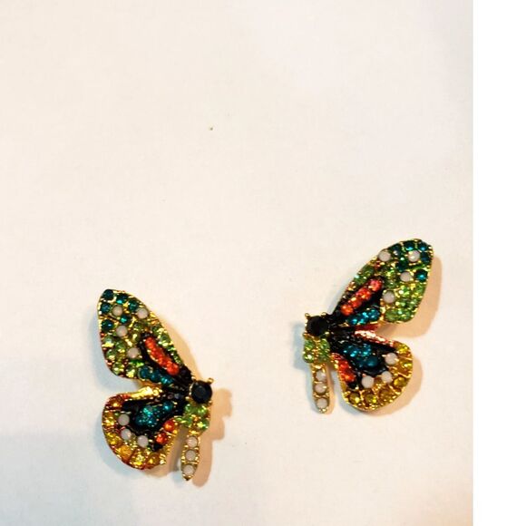 Split Colorful Rhinestone Butterfly Earrings One Wing Side on Each Ear - Picture 3 of 5
